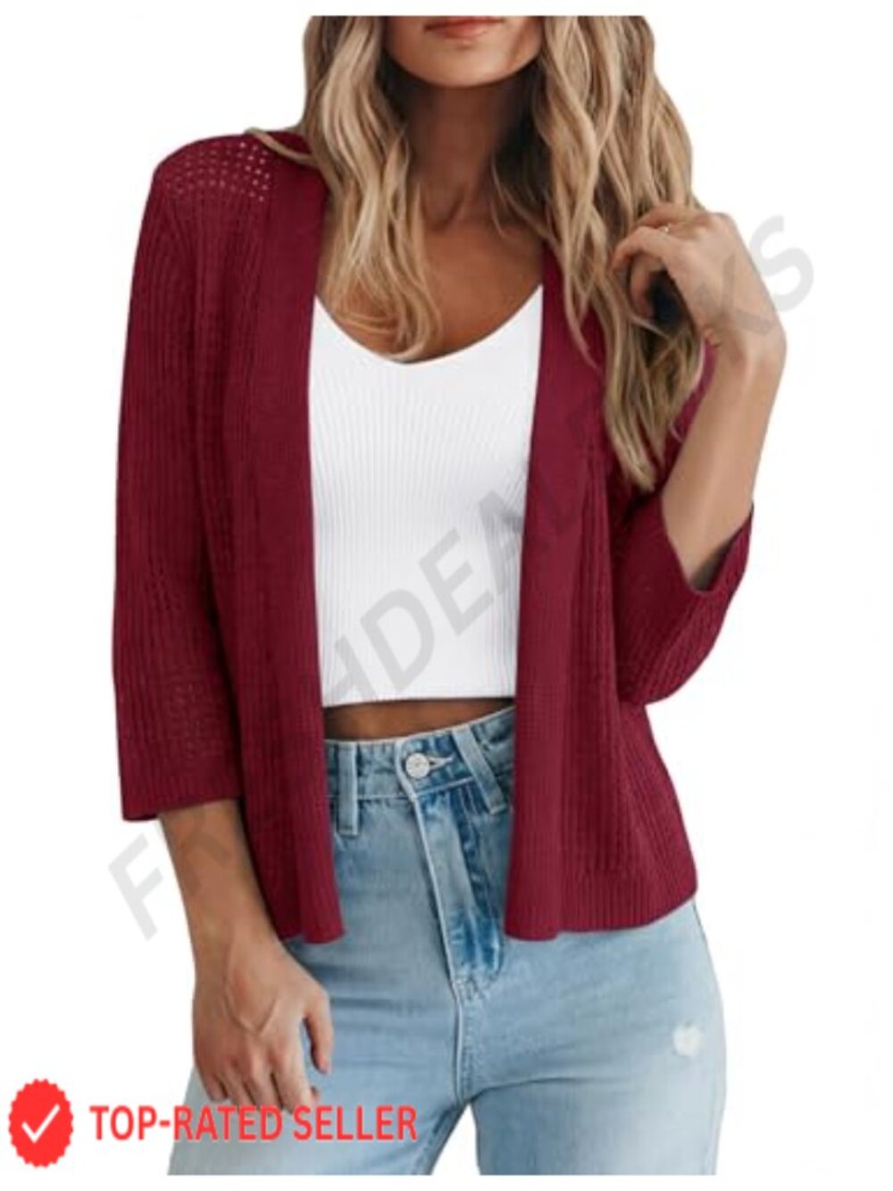 Openwork Knit Shrug Cardigan 3/4 Sleeve Viscose Sweater Top